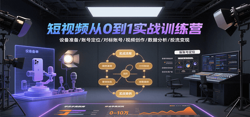 短视频从0到1实战训练营：设备准备/账号定位/对标账号/视频创作/数据分析/投流变现-聊项目