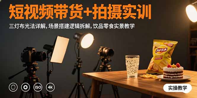 短视频带货+拍摄实训：三灯布光法详解,场景搭建逻辑拆解,饮品零食实景教学-聊项目