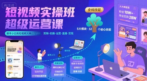 短视频实操班超级运营课，新手小白到短视频大神必修课程，剪辑-拍摄-运营-直播-变现-聊项目