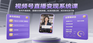 视频号直播变现系统课，账号开通装修、直播全流程准备、私域流量运营、成交转化技巧等-聊项目