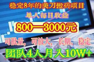 稳定8年的美刀搬砖项目，单人每日收益800—3000.团队4人月入10W+.可线下-聊项目