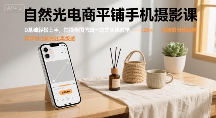 自然光电商平铺手机摄影课，0基础轻松上手，拍摄修图剪辑一站式实操教学，用手机也能拍出高级感-聊项目