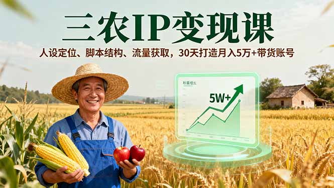 三农IP变现课，人设定位、脚本结构、流量获取，30天打造月入5万+带货账号-聊项目