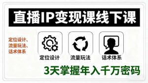 直播IP变现课线下课，定位设计、流量玩法、话术体系，3天掌握年入千万密码-聊项目
