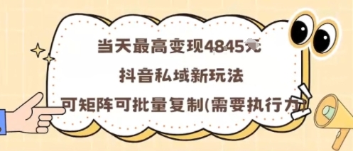 当天最高变现1k+，抖音私域新玩法，可矩阵可批量复制-聊项目