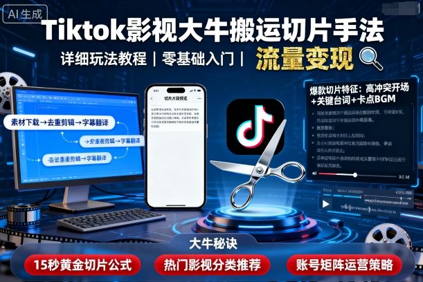 Tiktok影视大牛搬运切片手法，详细玩法教程-聊项目