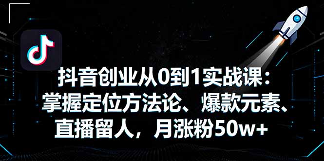 抖音创业从0到1实战课：掌握定位方法论、爆款元素、直播留人，月涨粉50w+-聊项目
