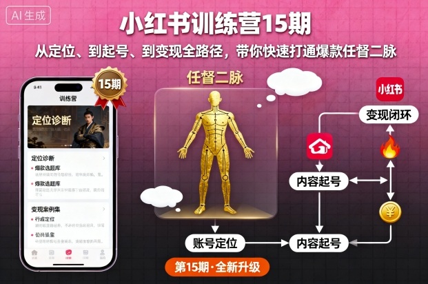 小红书训练营15期，从定位、到起号、到变现全路径，带你快速打通爆款任督二脉-聊项目