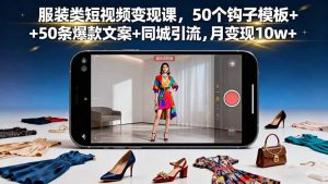 服装类短视频变现课，50个钩子模板+50条爆款文案+同城引流，月变现10w+-聊项目