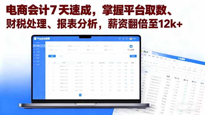 电商会计7天速成，掌握平台取数、财税处理、报表分析，薪资翻倍至12k+-聊项目
