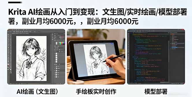 Krita AI绘画从入门到变现：文生图/实时绘画/模型部署，副业月均6000元-聊项目