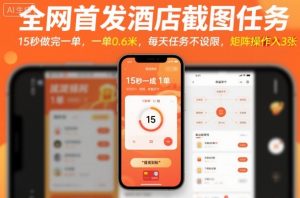 全网首发酒店截图任务，15秒做完一单，一单0.6米，每天任务不设限，矩阵操作日入3张【揭秘】-聊项目