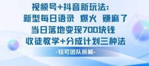 视频号加抖音新玩法：爆火新型每日语录，收徒教学加分成计划，三种变现玩法，当日变现7张-聊项目