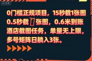 0门槛正规项目，15秒截1张图，0.6米到账，酒店截图任务，单量无上限，多号矩阵日躺入3张【揭秘】-聊项目