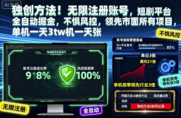 独创方法！无限注册账号，短剧平台全自动掘金，不惧风控，领先市面所有项目，单机一天3张【揭秘】-聊项目