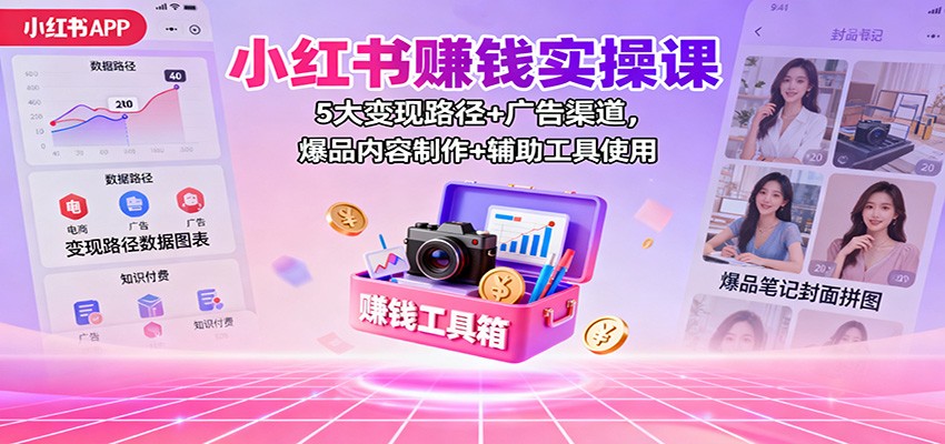 小红书赚钱实操课：5大变现路径+广告渠道，爆品内容制作+辅助工具使用-聊项目