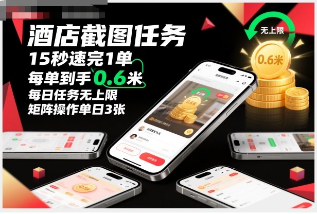 酒店截图任务，15秒速完1单，每单到手0.6米，每日任务无上限，全网首发玩法，矩阵操作单日3张【揭秘】-聊项目