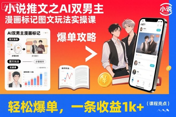小说推文之AI双男主漫画标记图文玩法实操课，轻松爆单，一条收益1k+-聊项目