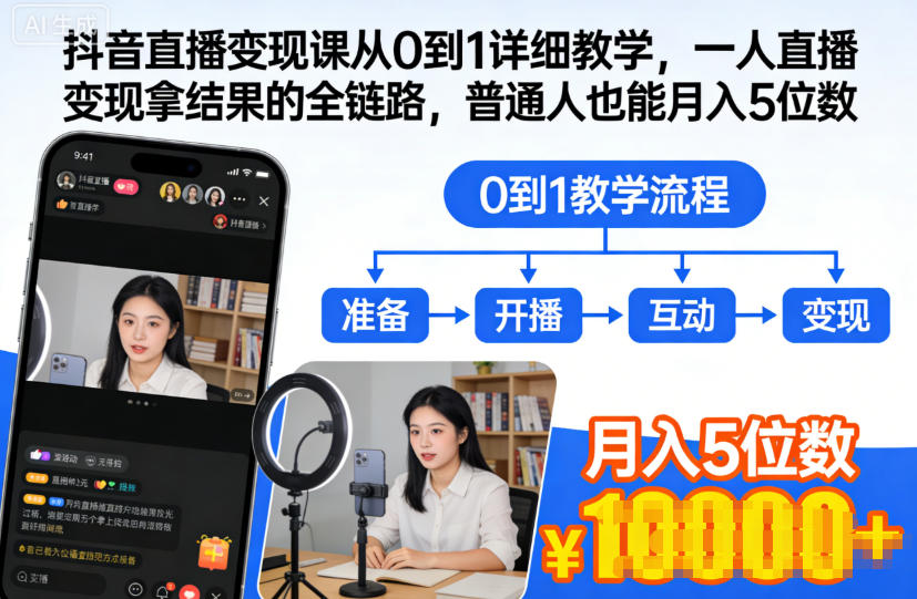 抖音直播变现课从0到1详细教学，一人直播变现拿结果的全链路，普通人也能月入5位数-聊项目