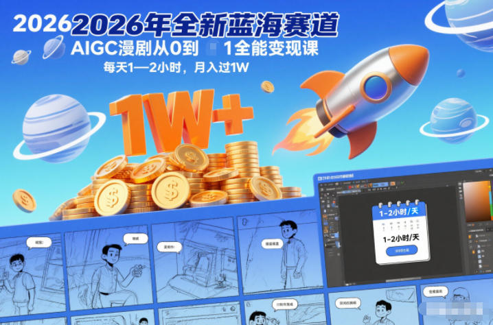 2026年全新蓝海赛道AIGC漫剧从0到1全能变现课，每天1—2小时，月入过1W-聊项目