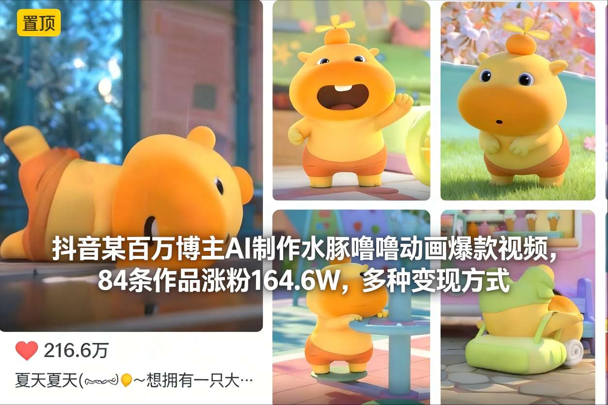 抖音某百万博主AI制作水豚噜噜动画爆款视频，84条作品涨粉164.6W，多种变现方式-聊项目