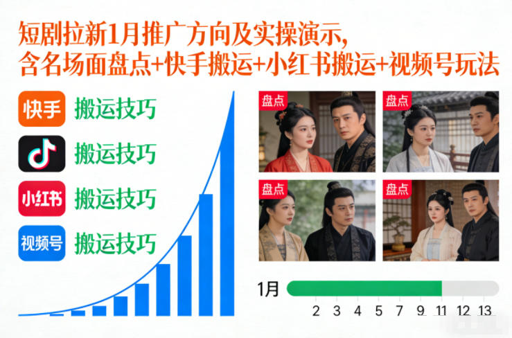 短剧拉新1月推广方向及实操演示，含名场面盘点+快手搬运+小红书搬运+视频号玩法-聊项目