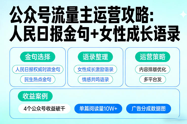 利用人民日报金句+女性成长语录做公众号流量主，4个公众号收益破千-聊项目