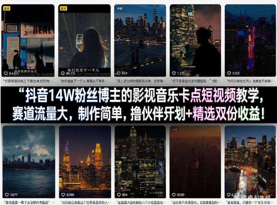 抖音14W粉丝博主的影视音乐卡点短视频教学，赛道流量大，制作简单，撸伙伴计划+精选双份收益！-聊项目