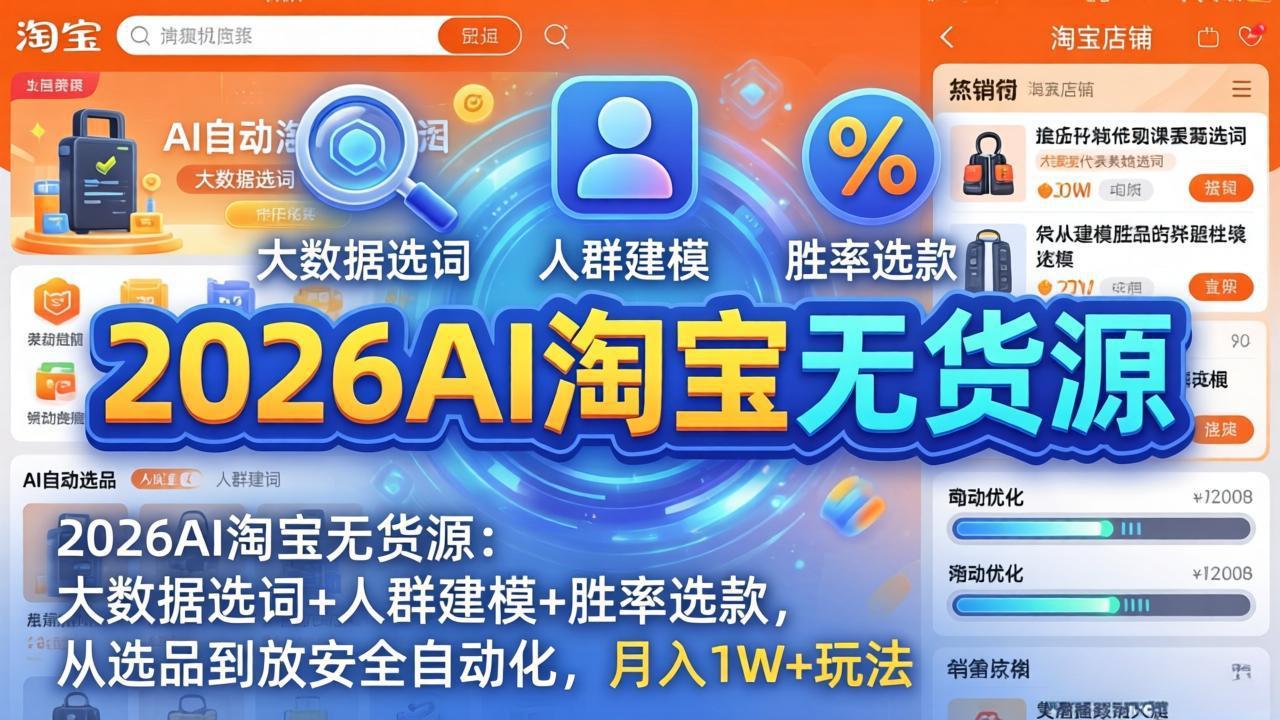 2026AI淘宝无货源：大数据选词+人群建模+胜率选款，从选品到放大全自动化，月入1W+玩法-聊项目