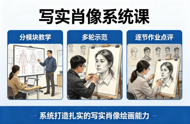 写实肖像系统课，全程分模块教学+多轮示范+逐节作业点评，系统打造扎实的写实肖像绘画能力-聊项目