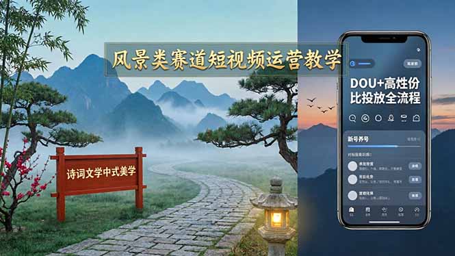 风景类赛道短视频运营教学：诗词文学中式美学，新号养号对标账号定位，DOU+高性价比投放全流程-聊项目