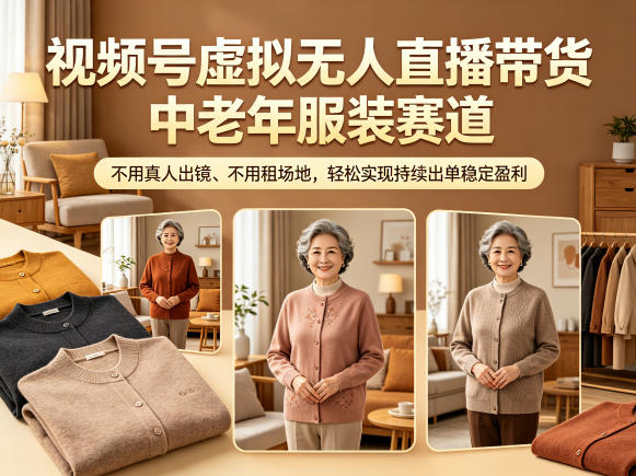 视频号虚拟无人直播带货中老年服装赛道，不用真人出镜、不用租场地，轻松实现持续出单稳定盈利-聊项目