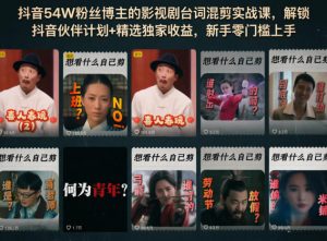 抖音54W粉丝博主的影视剧台词混剪实战课,解锁抖音伙伴计划+精选独家收益,新手零门槛上手-聊项目