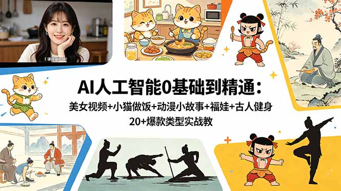 AI人工智能0基础到精通：美女视频+小猫做饭+动漫小故事+福娃+古人健身，20+爆款类型实战教学-聊项目