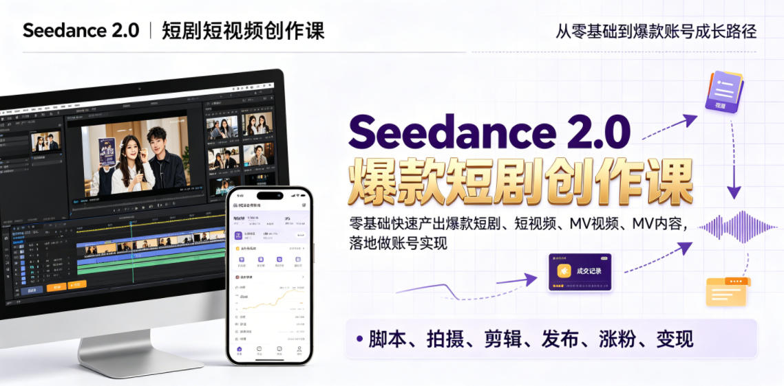 Seedance 2.0短剧短视频创作课，零基础快速产出爆款短剧、短视频、MV内容，落地做账号实现变现-聊项目