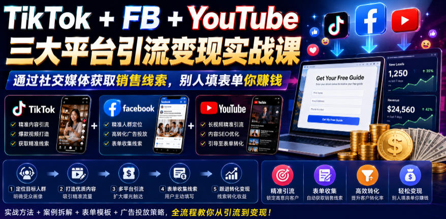TikTok+FB+YouTube三大平台引流变现实战课，通过社交媒体获取销售线索，别人填表单你賺钱【原创双语字幕】-聊项目